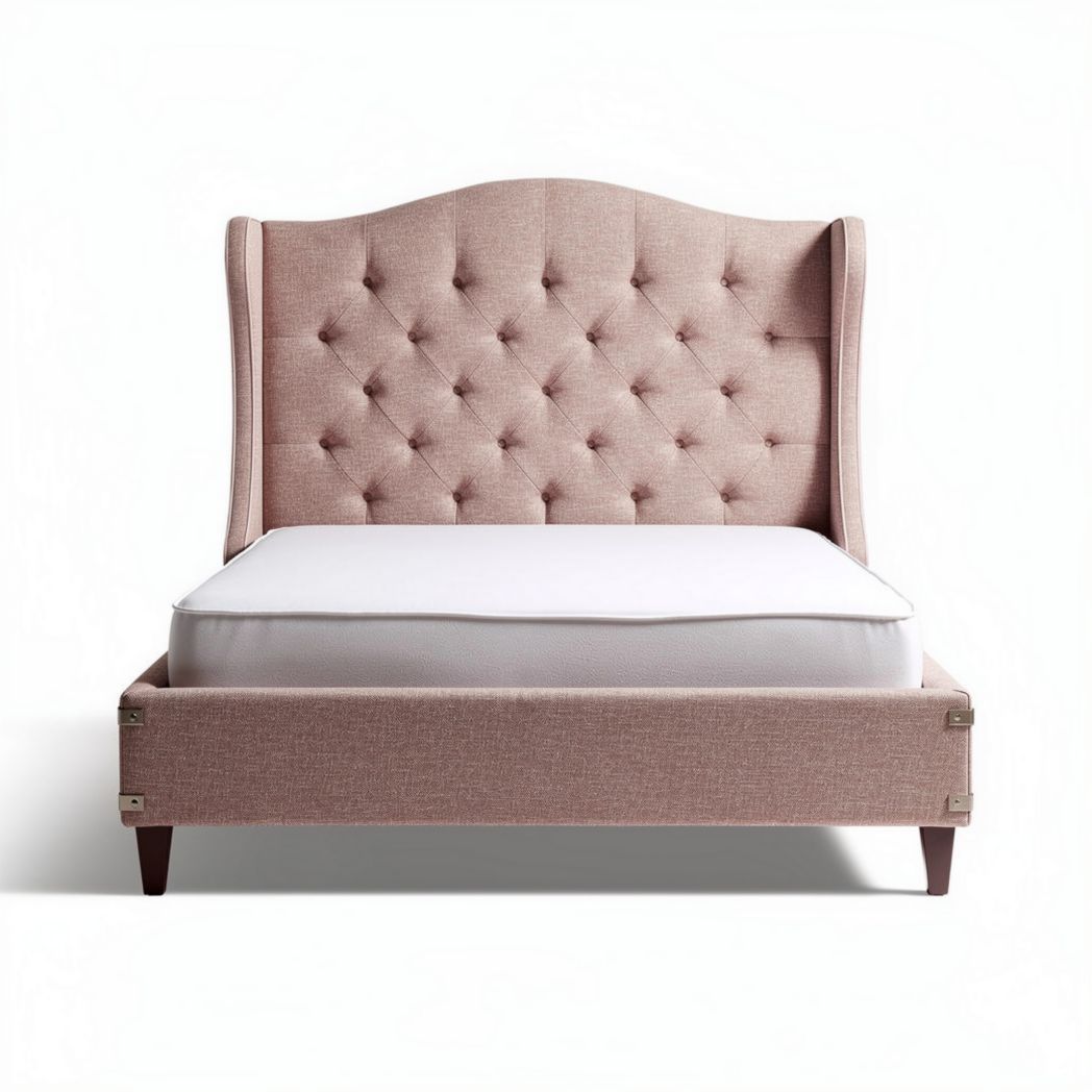 Cama de casal com cabeceira estofada em tecido rosa 200 x 160 x 120cm