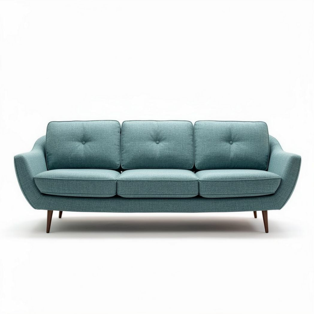 Sofá de três lugares em tecido azul com dimensões de 200 x 90 x 85cm