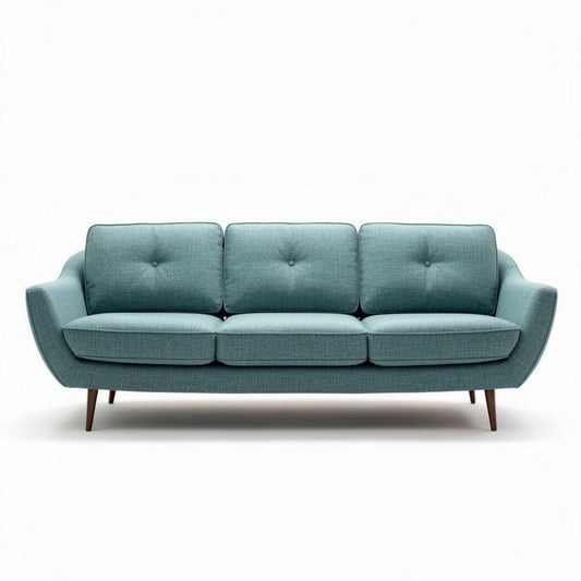 Sofá de três lugares em tecido azul com dimensões de 200 x 90 x 85cm