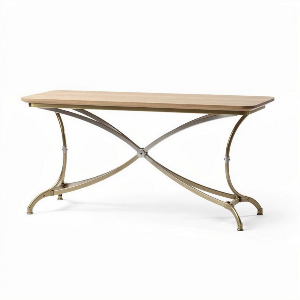 Mesa retangular em madeira com estrutura metálica dourada 150 x 75 x 75cm