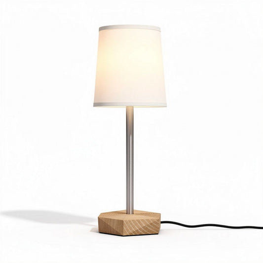 Luminária de mesa em metal e madeira com cúpula branca 25 x 25 x 50cm