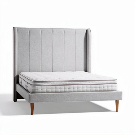 Cama de casal com cabeceira em tecido cinza 200 x 160 x 90cm