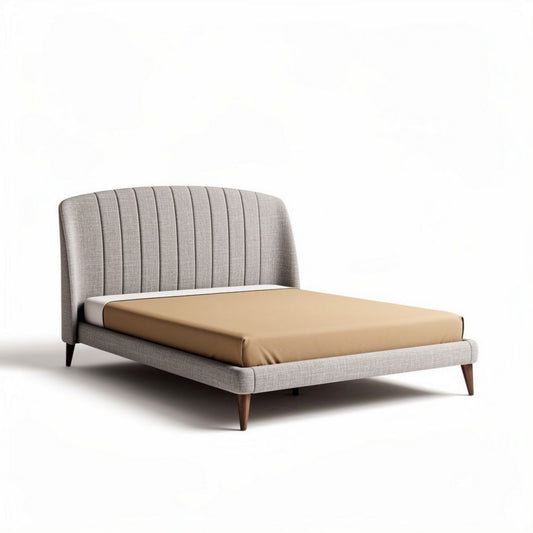 Cama de casal moderna em tecido cinza com detalhes em couro 200 x 160 x 35cm